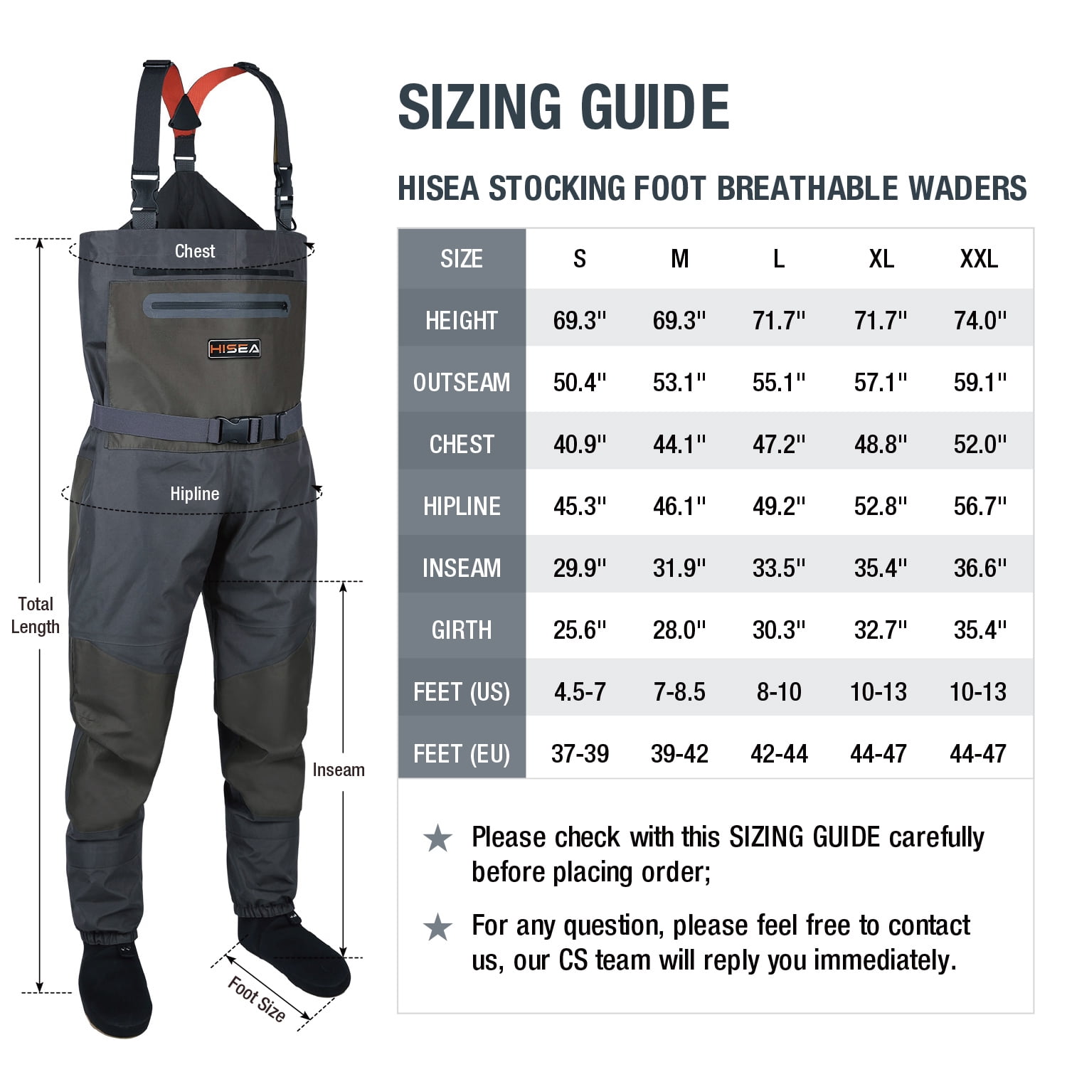 HISEA Fly Fishing Chest Waders Breathable Stocking Foot Wader Without Boots f... 