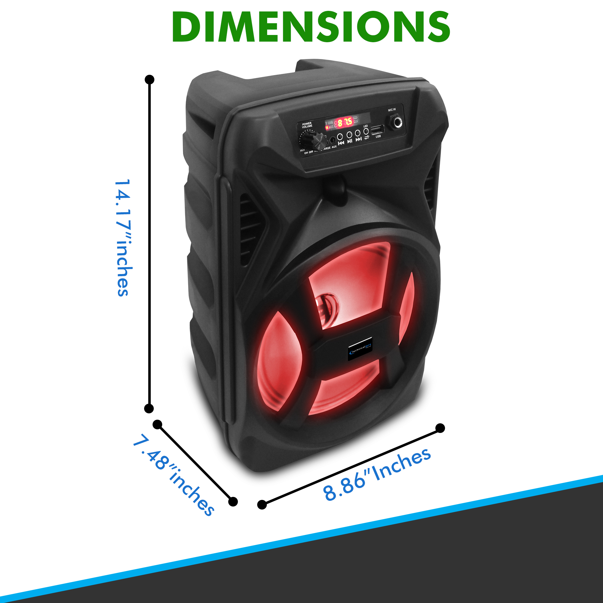 Technical Pro 8" Portable 500 Watts Bluetooth Speaker w/ Woofer and Tweeter, Festival PA LED Speaker, USB Card Input, - image 3 of 7