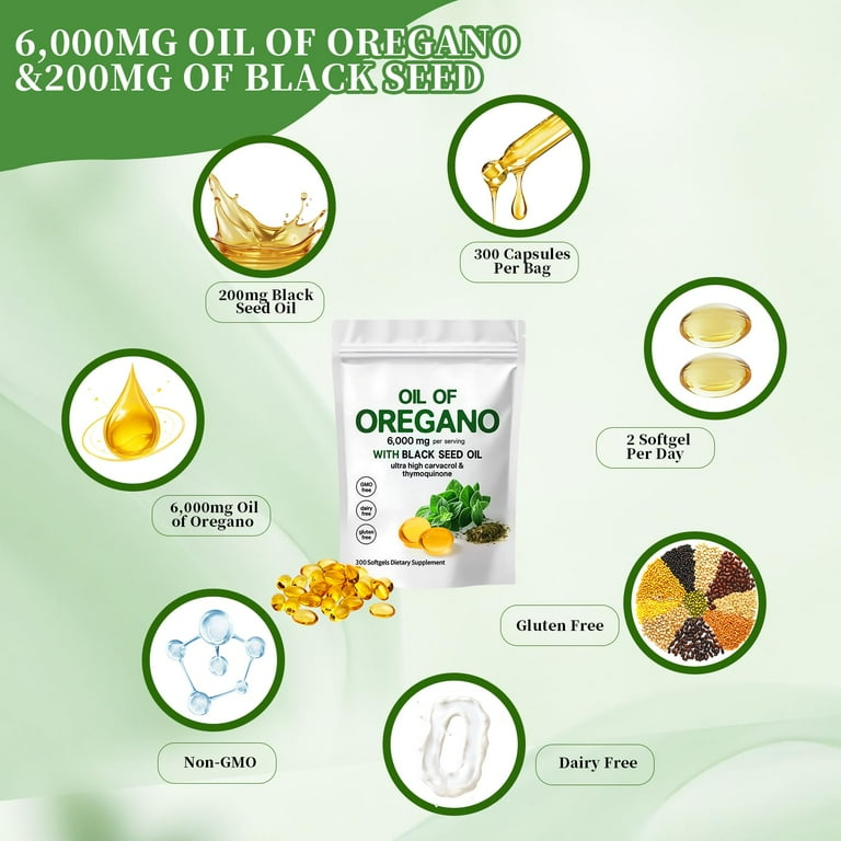 NEZN Oil of Oregano Softgels 6000mg, Black Seed Oil 200mg, Antioxidants,  Immune Support - Walmart.com