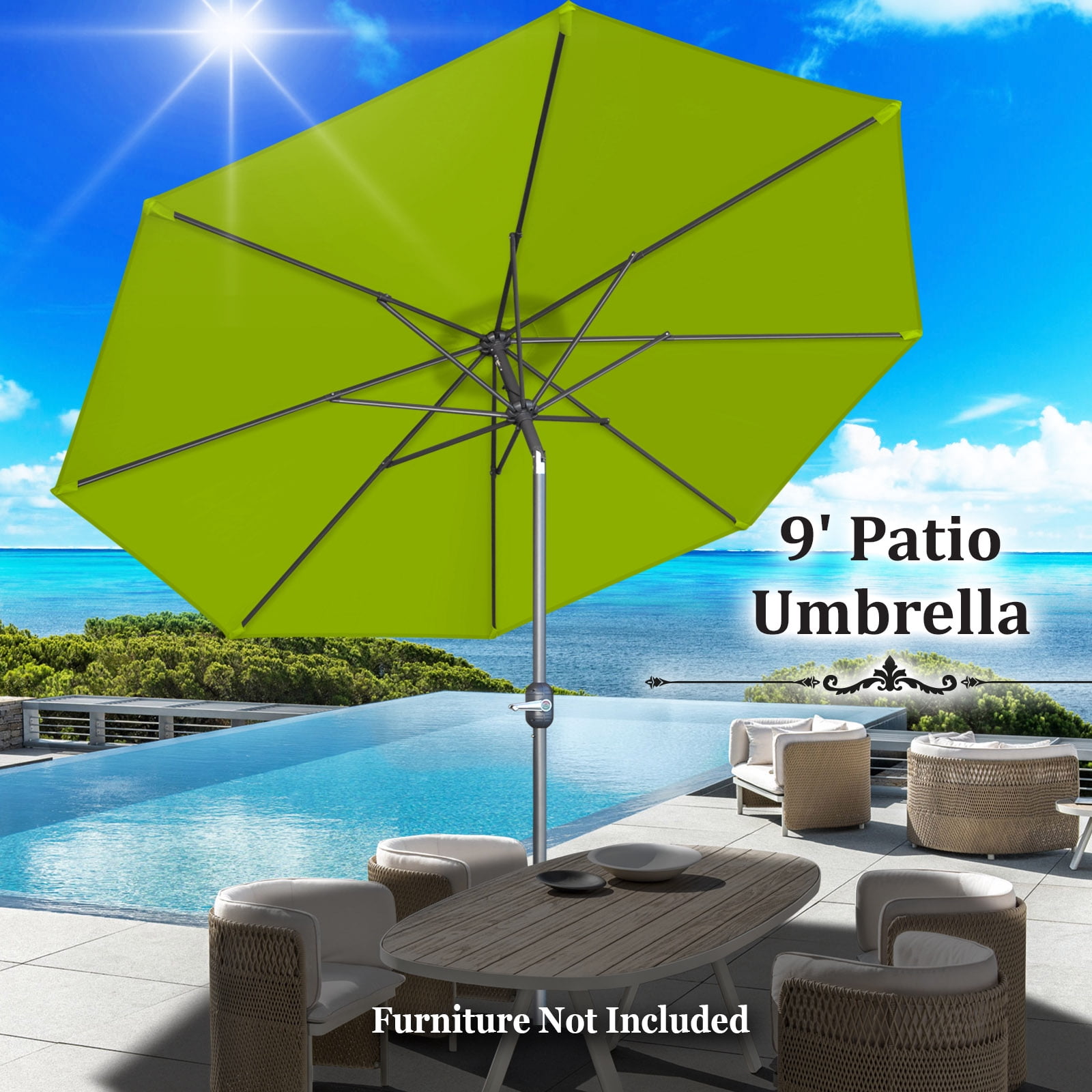 Sunrise 9' Outdoor Umbrella with 8 Ribs, Tilt, and Crank, Patio Garden Market Sunshade Umbrella (Lemon Green)