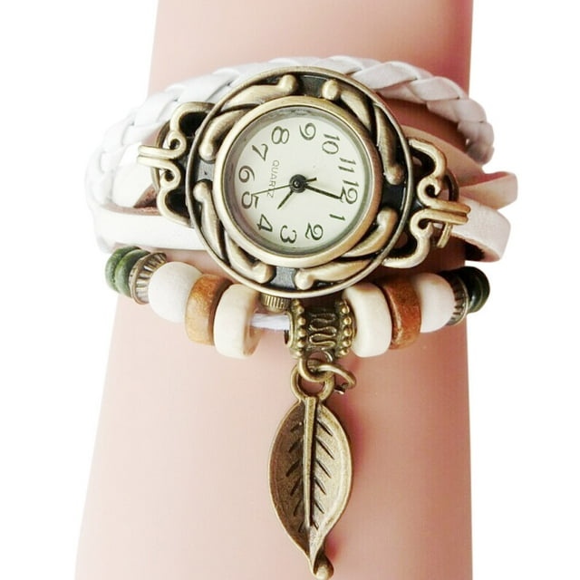 Montre pour Femmes Enfants Rétro à Remontage en Cuir Bracelet Pendentif Feuille WH