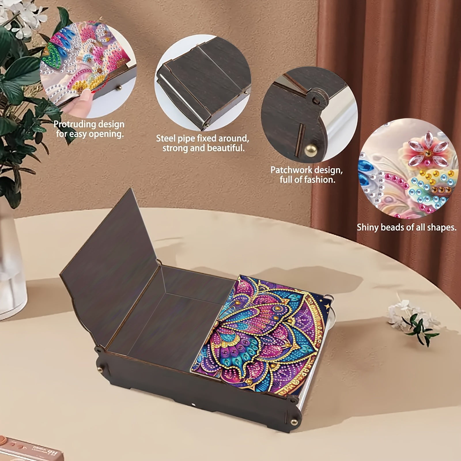 FLOPESN DIY Diamond Art Painting Jewelry Box,Creative Design Wooden Lid Rectangular Storage Case for Home Decor-Butterfly-2
