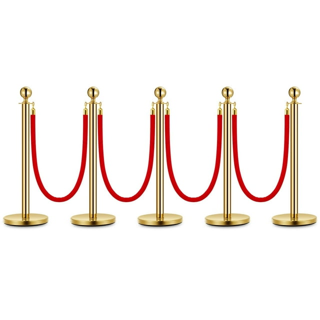 BeesClover Gold Stanchion Post Queue,38 Inch Stanchion Posts Queue with 5 ft Red Velvet Rope,Ropes Safety Barriers Set,Crowd Control Barriers Queue Line Rope for Theater Party Museums