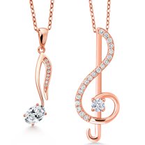 Gem Stone King 18K Rose Gold Plated Silver White Zirconia Treble Clef and Eighth Note 2 Pcs Music Pendant Necklace Jewelry Set for Women By Keren Hanan (0.89 Cttw, Gemstone, Oval 6X4MM, Round 3MM)