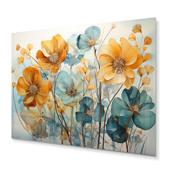 Designart "Teal Orange botanic particles I" Abstract Botanicals Metal Wall Art Prints