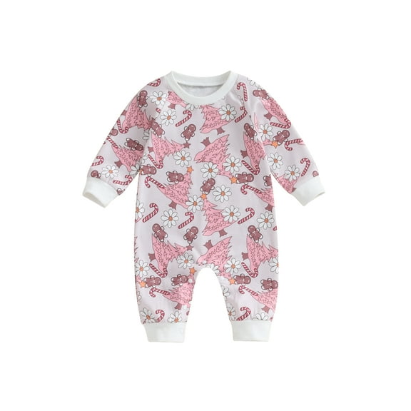 Elippeo Baby Girls Jumpsuit 3M 6M 12M 18M Long Sleeve Crew Neck Santa Claus Print Romper Christmas Clothes
