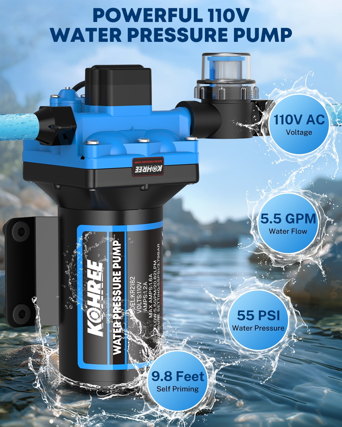 Kohree 110V AC Water Pressure Pump, 5.5GPM 55PSI Self-Priming RV Water Pump, On Demand RV Fresh 4-Chamber Diaphragm Water Pump, Pressure Switch & Strainer for Home, Garden, Marine, Off-Grid Use