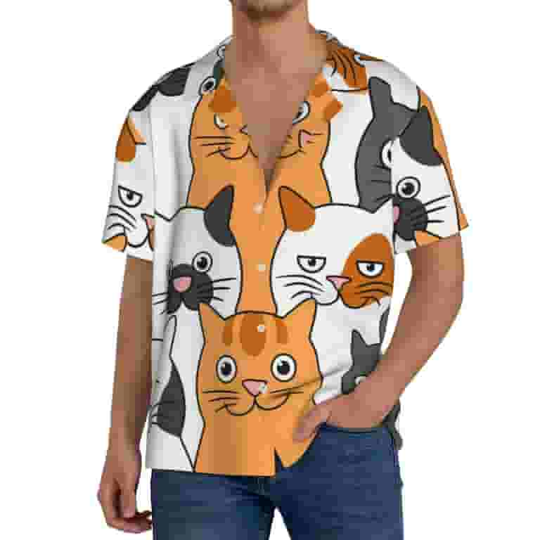 Naloa Funny Cats Men's Loose Fit Cuban Collar Short-Sleeve Shirt