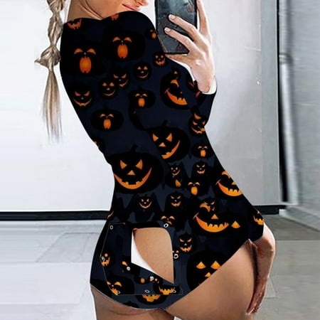 

MRULIC sleepwear for women Women’s Halloween Print Functional Buttoned Flap Jumpsuit Nightgown Supersoft Pajamas Slim Warm Loungewear Party Family Black + US 8