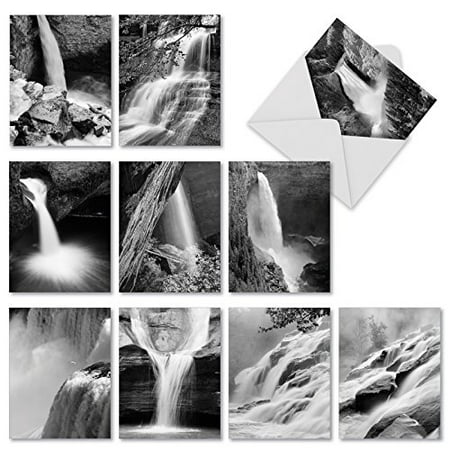 'M3312 FALLING WATERS' 10 Assorted All Occasions Notecards Offer Dramatic Black and White Photographic Waterfall Images with Envelopes by The Best Card