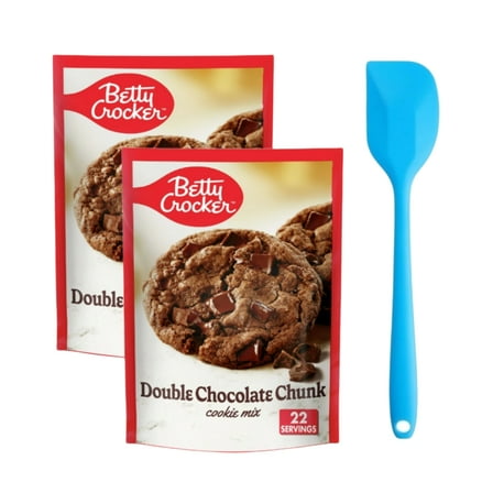 Betty Crocker Double Chocolate Chunk Cookie Mix, 17.5 oz (2 pack) and 8in Silicone Spatula (Color Varies)