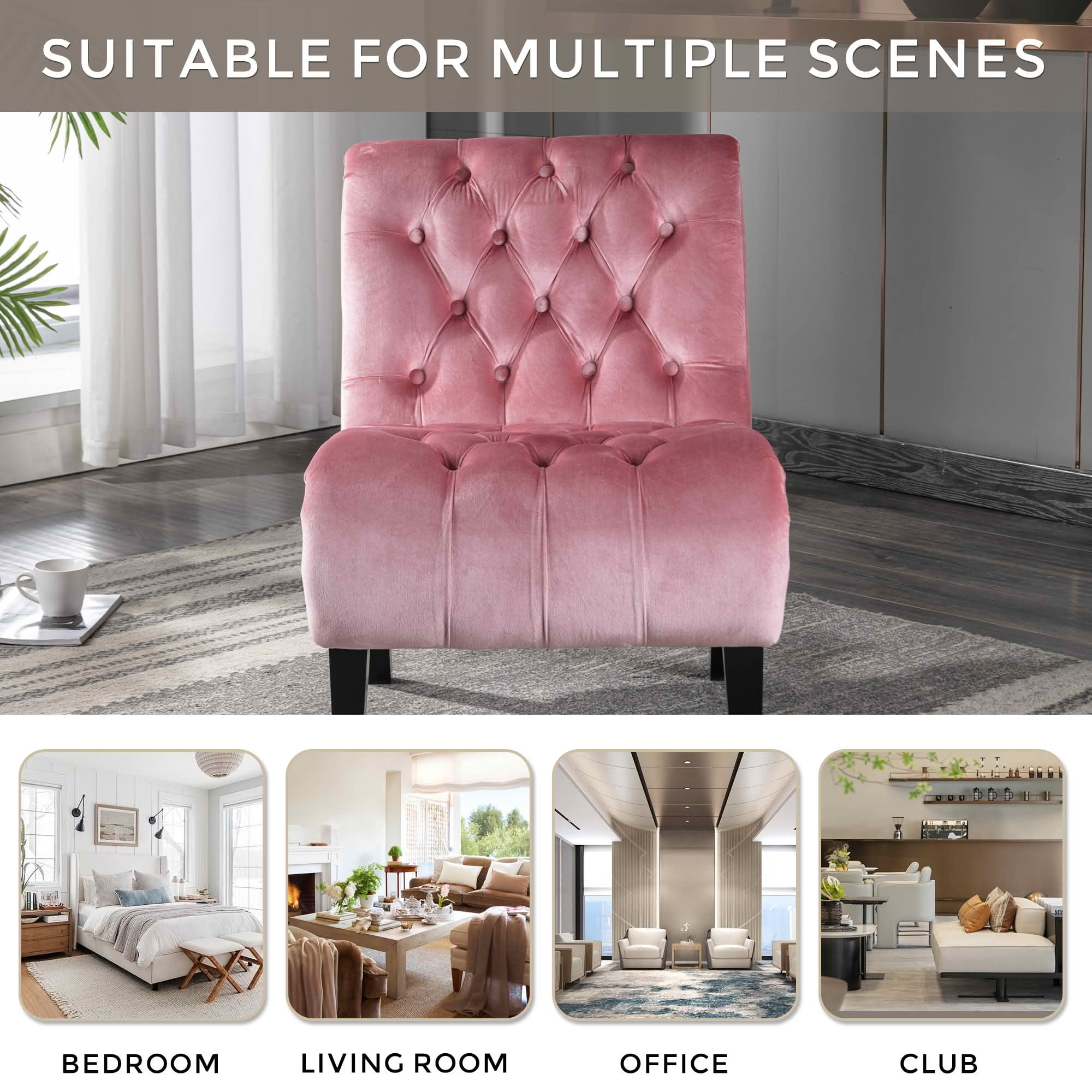 MAYEERTY 22.83-Inch Velvet Button Tufted Armless Accent Chair, Upholstered Leisure Side Chair with Wooden Legs for Bedroom Living Room Office