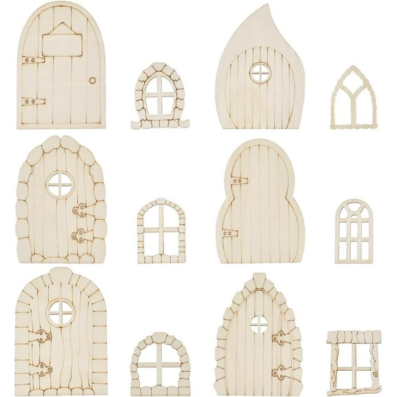 48Pcs 12 Styles Fairy Garden Wood Doors and Windows Unfinished Wooden Miniature Window Door Set Mini Unpainted Garden Decor Craft Dollhouse Accessories for Wall Home Party Decor