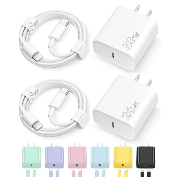 LujingZ 20W USB-C Wall Charger 2Pack with 2x6FT Type-C Cable, PD Fast Charge Block Compatible with iPhone 17 16 15 Pro Max Air iPad Pro White