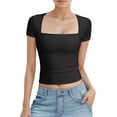 thumbnail image 4 of Women's Square Neck Double-Layer Tank Tops Basic Tight T Shirts, 4 of 7