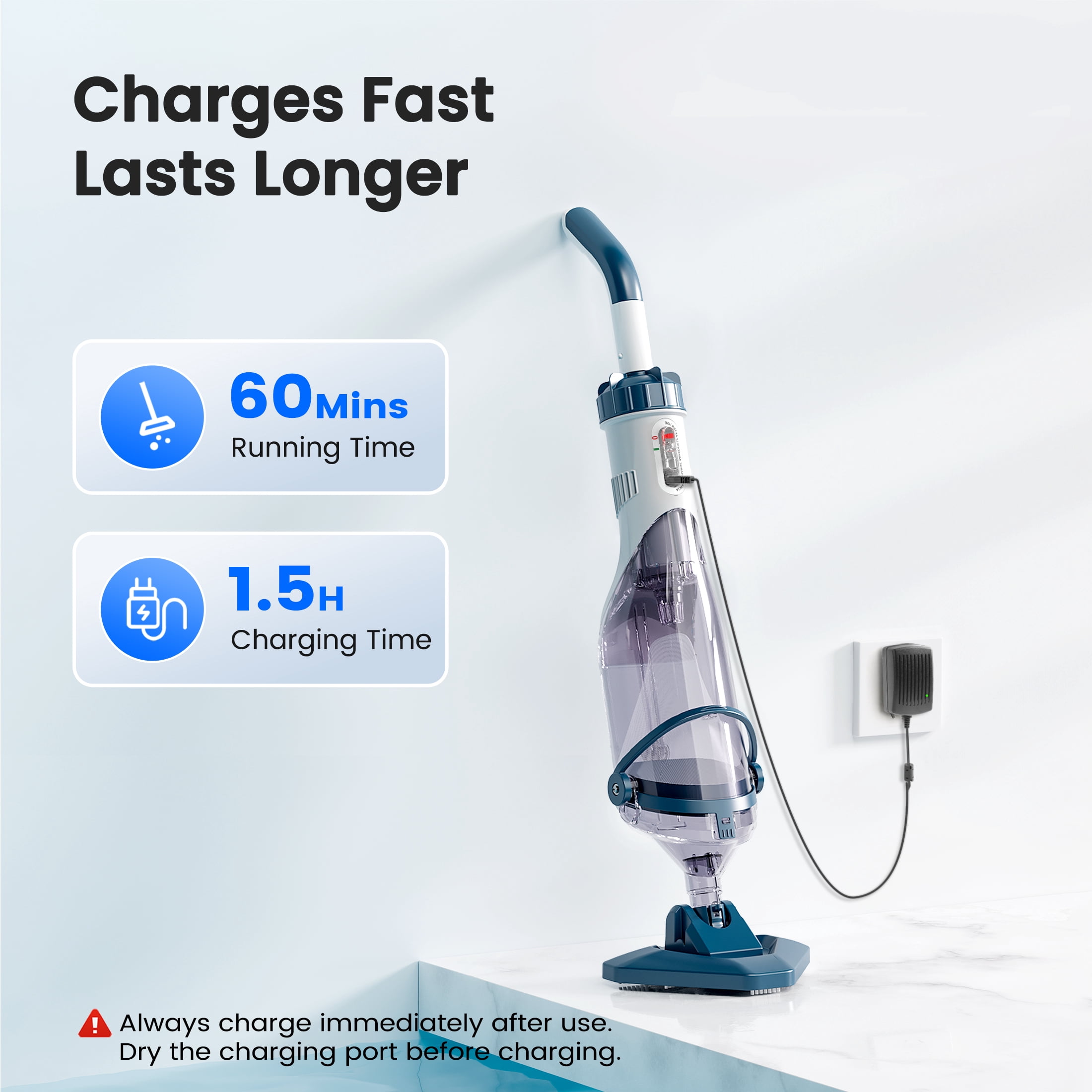 Cordless Pool Vacuum, Handheld Pool Vacuum for Above Ground Inground Pools, Spas and Hot Tubs, 60-Minute Runtime, Powerful Suction up to 18.5 gallons/min, Efficient Leaf and Debris Removal