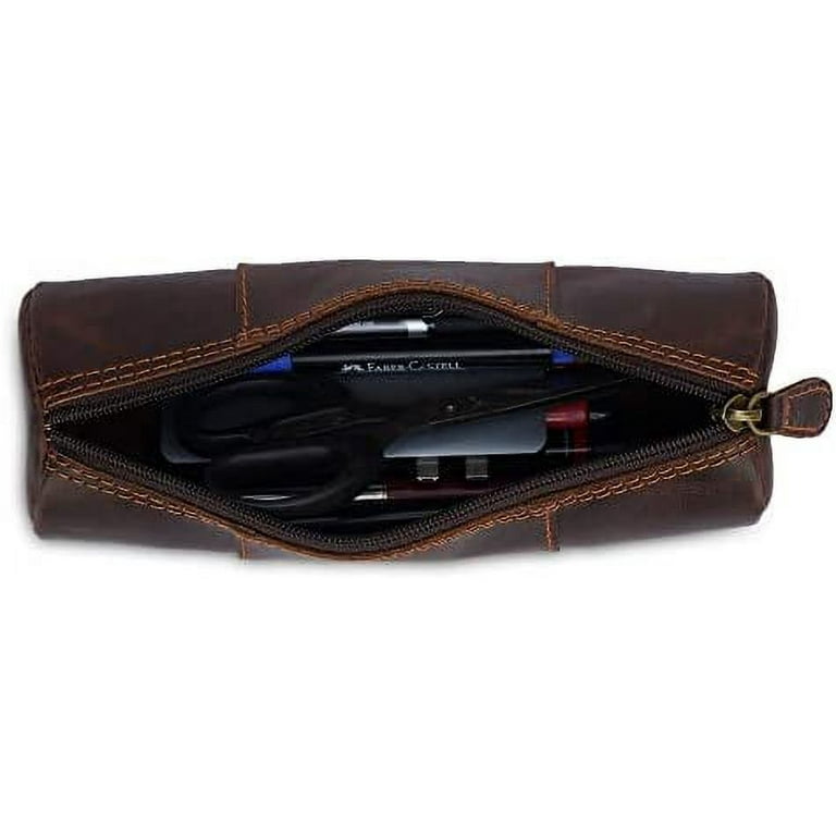 Ancicraft Pencil Case Leather Classic Black Pouch Fountain Pen Holder with Zipper for Men Women