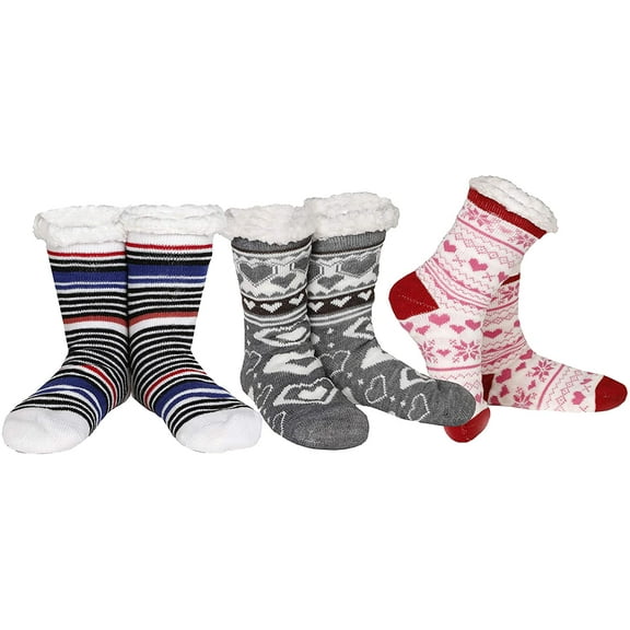 Gilbins Winter-Weight Thermal Thick Knit Fleece-Lined Cozy Sherpa Lined Fuzzy Slipper Socks With Grippers (Hearts Stripes 3 Pack)