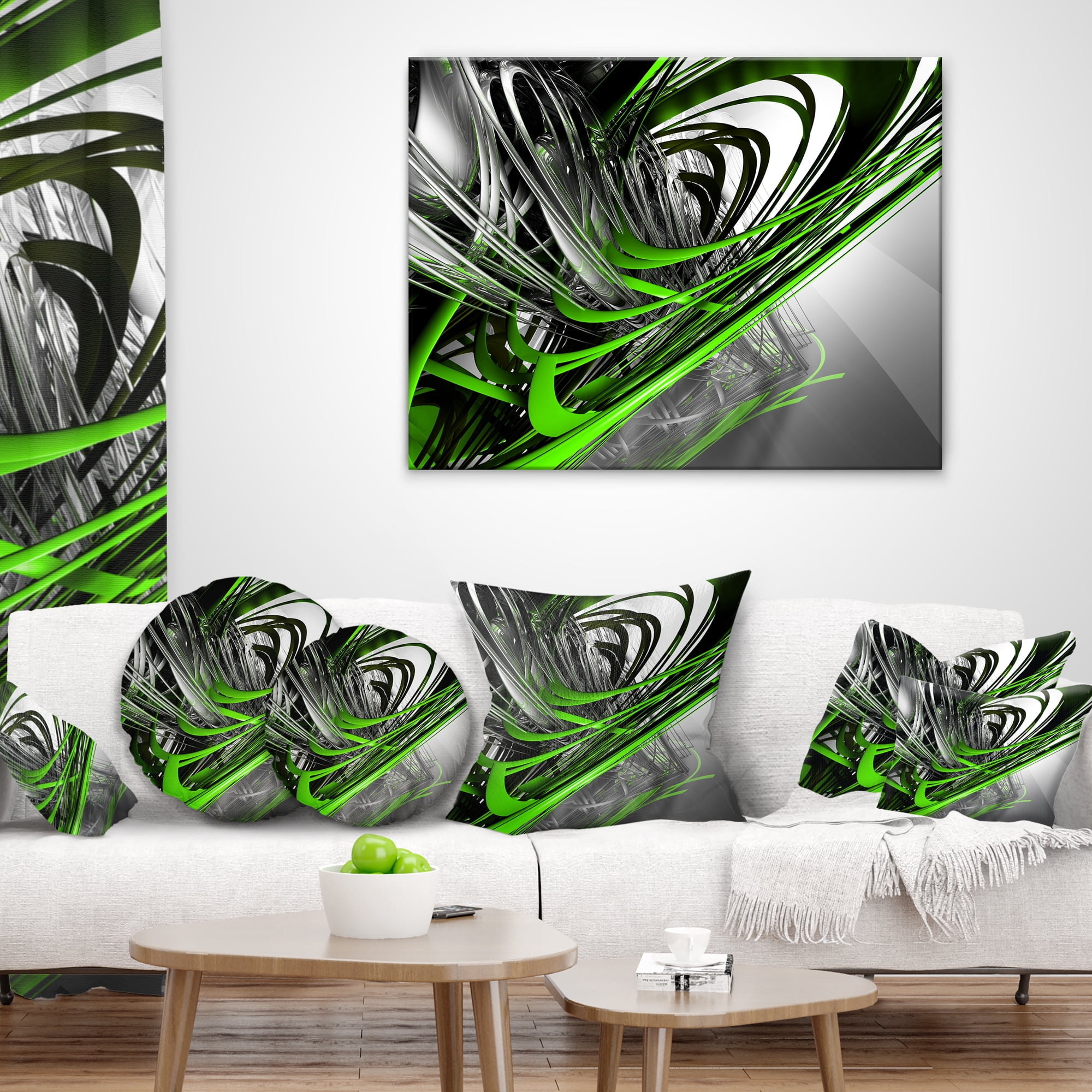 Designart Fractal 3D Green Silver Stripes - Abstract Throw Pillow - 18x18