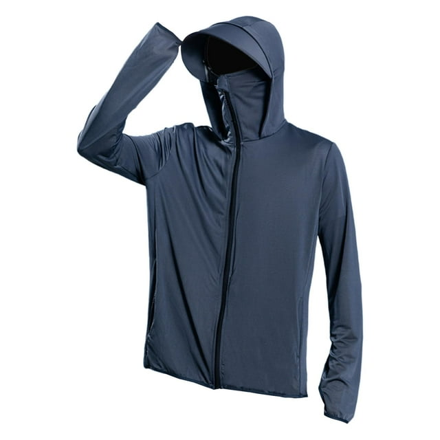 Camisa de protección solar con capucha para hombre, chaqueta con cremallera completa y cubierta facial para el cuello, sudadera con capucha de verano 2XL Gris Profundo