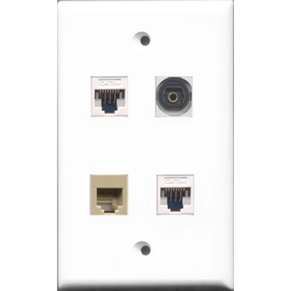 RiteAV 1 Port Phone RJ11 RJ12 Beige and 1 Port Toslink 2 Port Cat5e Ethernet White Wall Plate