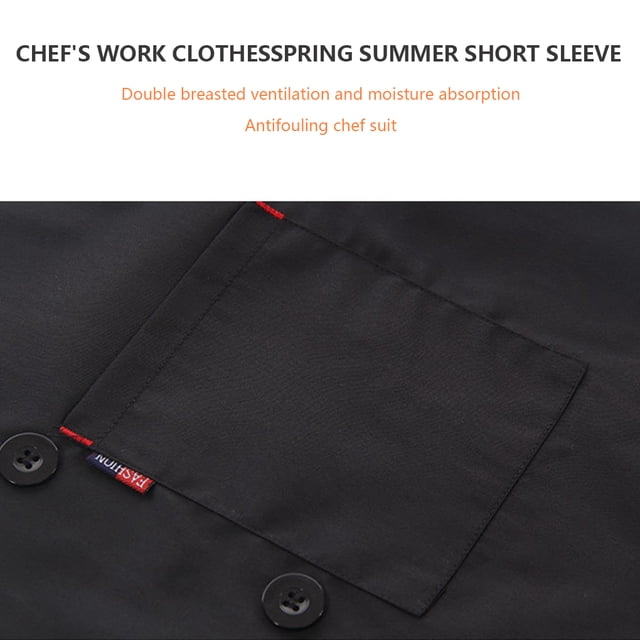 Chef Coat Short Sleeve with Buttons Pockets Cook Jacket Chic Cooking Work Wear Uniform Costume for Restaurant Hotel Cafe Kitchen Black L