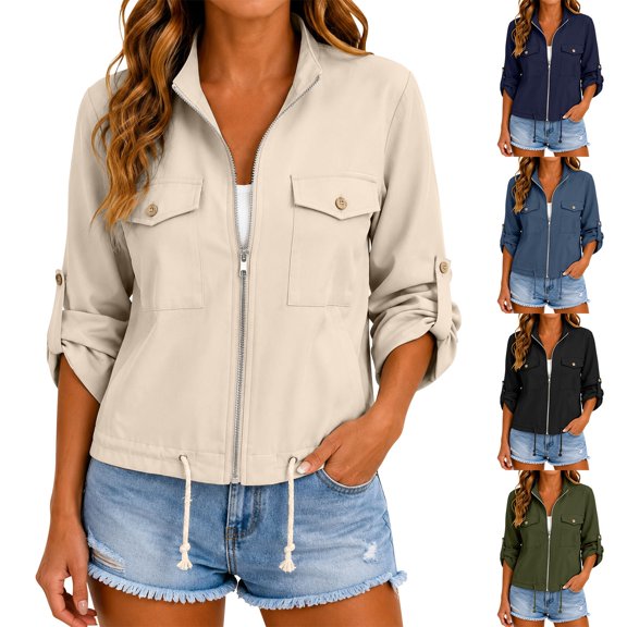 ManxiVoo Stand Collar Cropped Zip Up Lightweight Utility Jacket with Pockets Adjustable Fit for Women Casual Flight Jacket Style