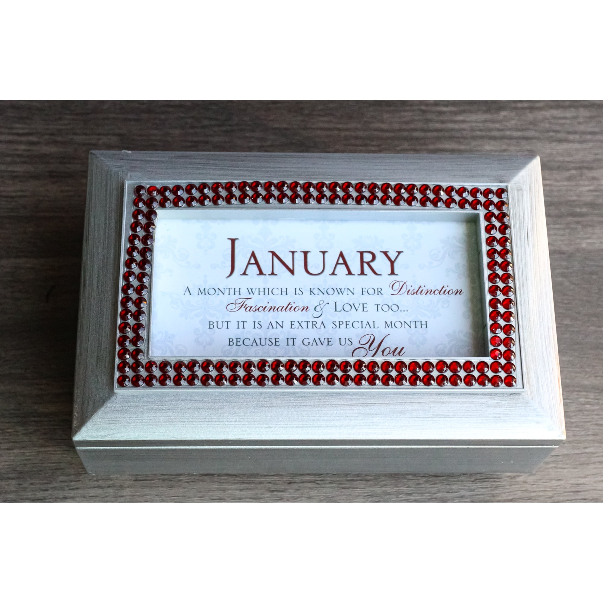 January Birthday Month Red Garnet Birthstones Silver Tone Musical Trinket Box