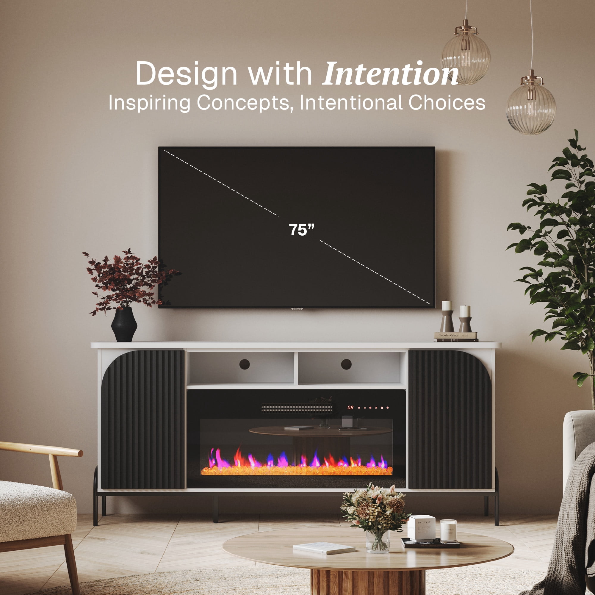 BELLEZE 68 Inch Fluted TV Stands with 36" Electric Fireplace, Modern Fluted Entertainment Center with Open Storage Shelves& Cabinets, Media Console TV Cabinet For Living Room Bedroom (White)