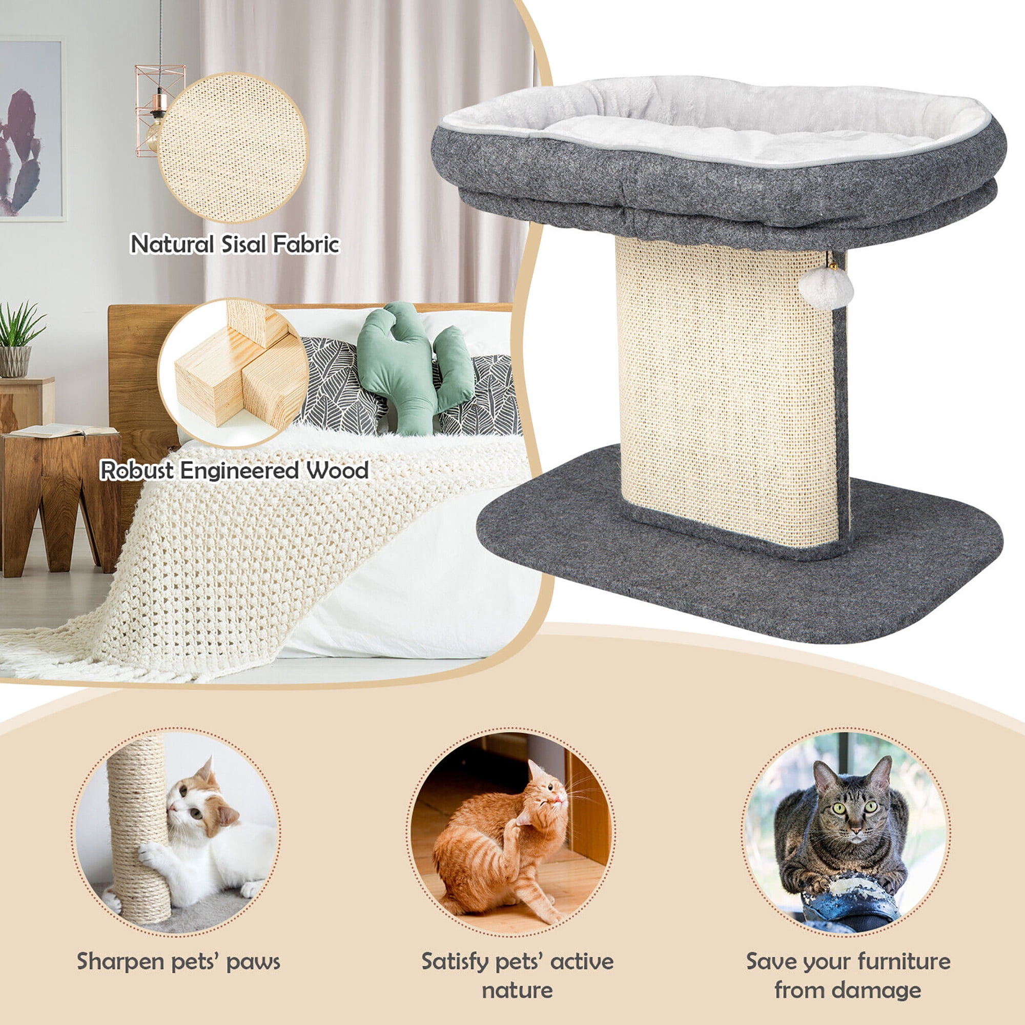 Gymax Modern Cat Tree Tower Cat Activity Tower w/ Large Plush Perch Grey