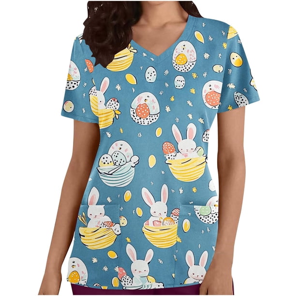Puntoco Liquidación de blusas cortas para mujer Blusas estampadas para mujer Blusa de trabajo con cuello en V y manga corta con doble bolsillo