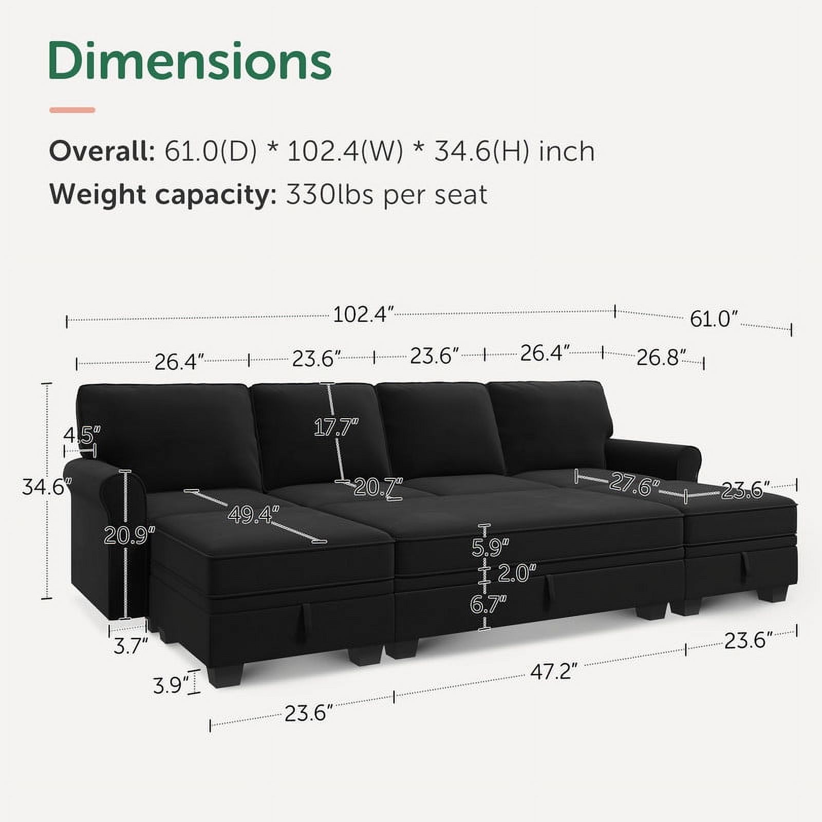 HONBAY 102.4" Upholstery Convertible Sofa Bed with Storage for Living Room Furniture Sets in Black