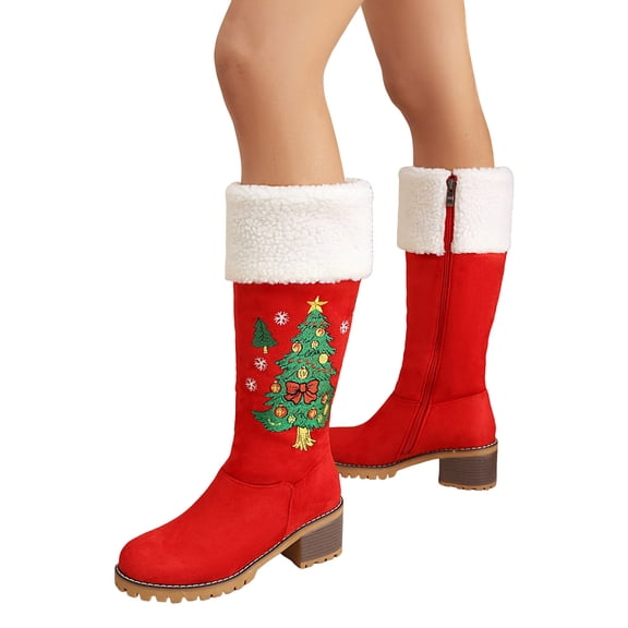 Christmas Winter Boots for Women Xmas Tree Embroidery Suede Mid Calf Zipper Booties Fuzzy Lined Lug Sole Stacked Heel Casual Long Snow Boots