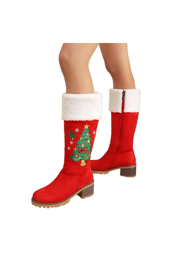 Womens Fuzzy Winter Boots Fashion Christmas Tree Embroidery Slip On Knee High Booties Block Low Heel Non Slip Snow Boots Red Size 5.5