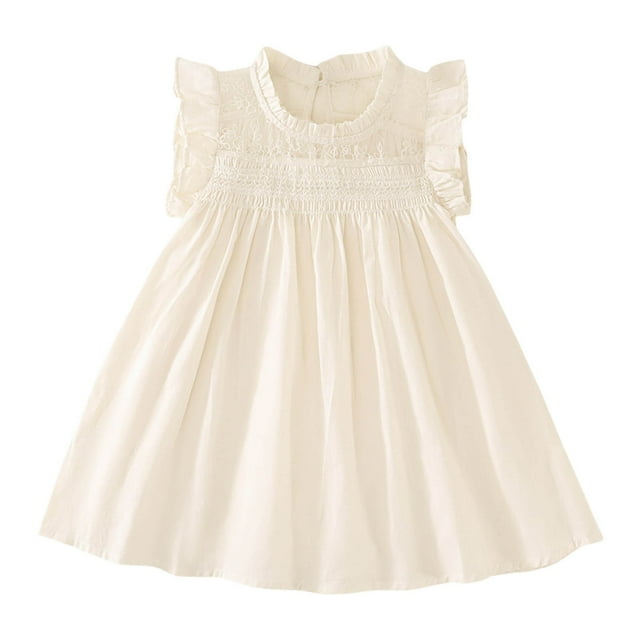 PMVFHDE Robe Légère pour Tout-Petit Robe en Coton et Lin pour Fille Manches à Volants Sans Manches Robes Décontractées pour Enfants, Beige, 5-6 Ans
