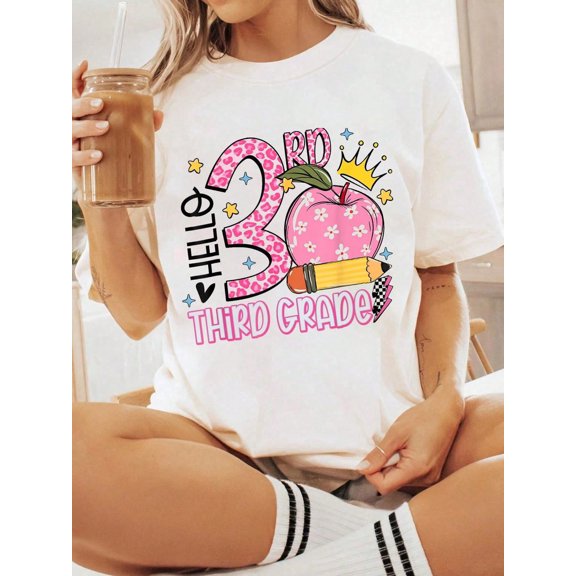 Hello 3rd Third Grade Back To School Pink Leopard Teacher Men Women Girls T-Shirt