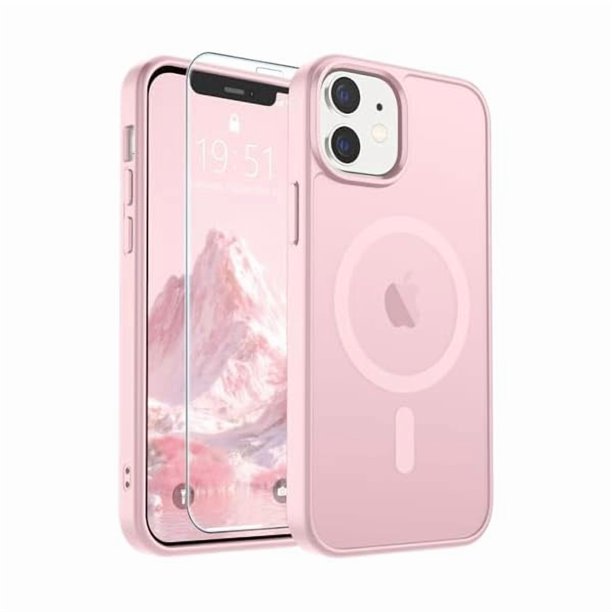 Chenchen Magnetic for iPhone 12 Case/iPhone 12 Pro Case with Screen Protector (Compatible with MagSafe)(Military Grade Drop Protection) Translucent Matte Shockproof Phone Cover,Light Pink