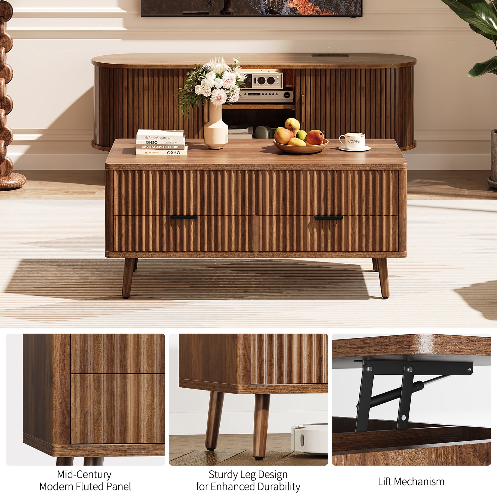 CURLA Lift Top Coffee Table with Storage, Mid Century Modern Coffee Table with Drawers, Center Table for Living Room, Walnut