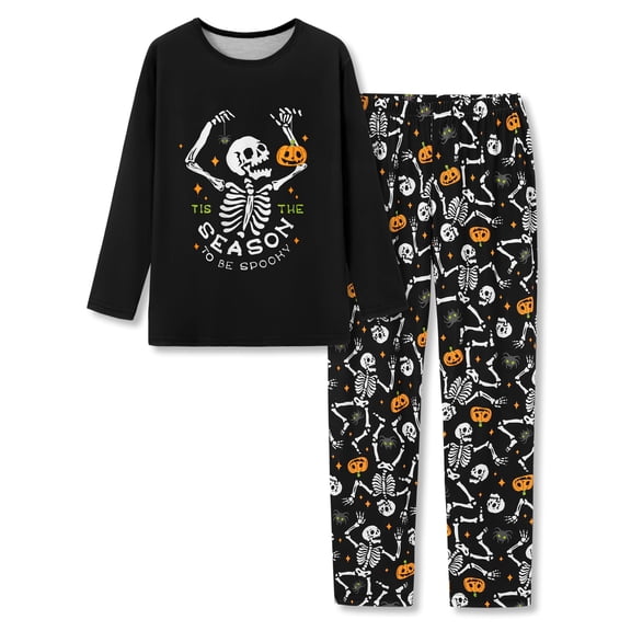 Topgal Big Boys Pajamas 2-Piece Black Skeleton Pumpkin Nightwear Set for Teens Little Kids PJS Size 10