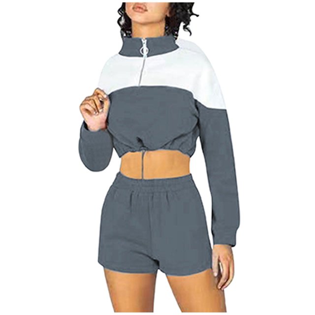 Wyzesi Overall Shorts Suit for Teens Ladies Solid Color Splicing Drawstring Casual Shorts and Sweatshirt Set Features Slimming Jumpsuit for Women Soccer Shorts Suit Women Women