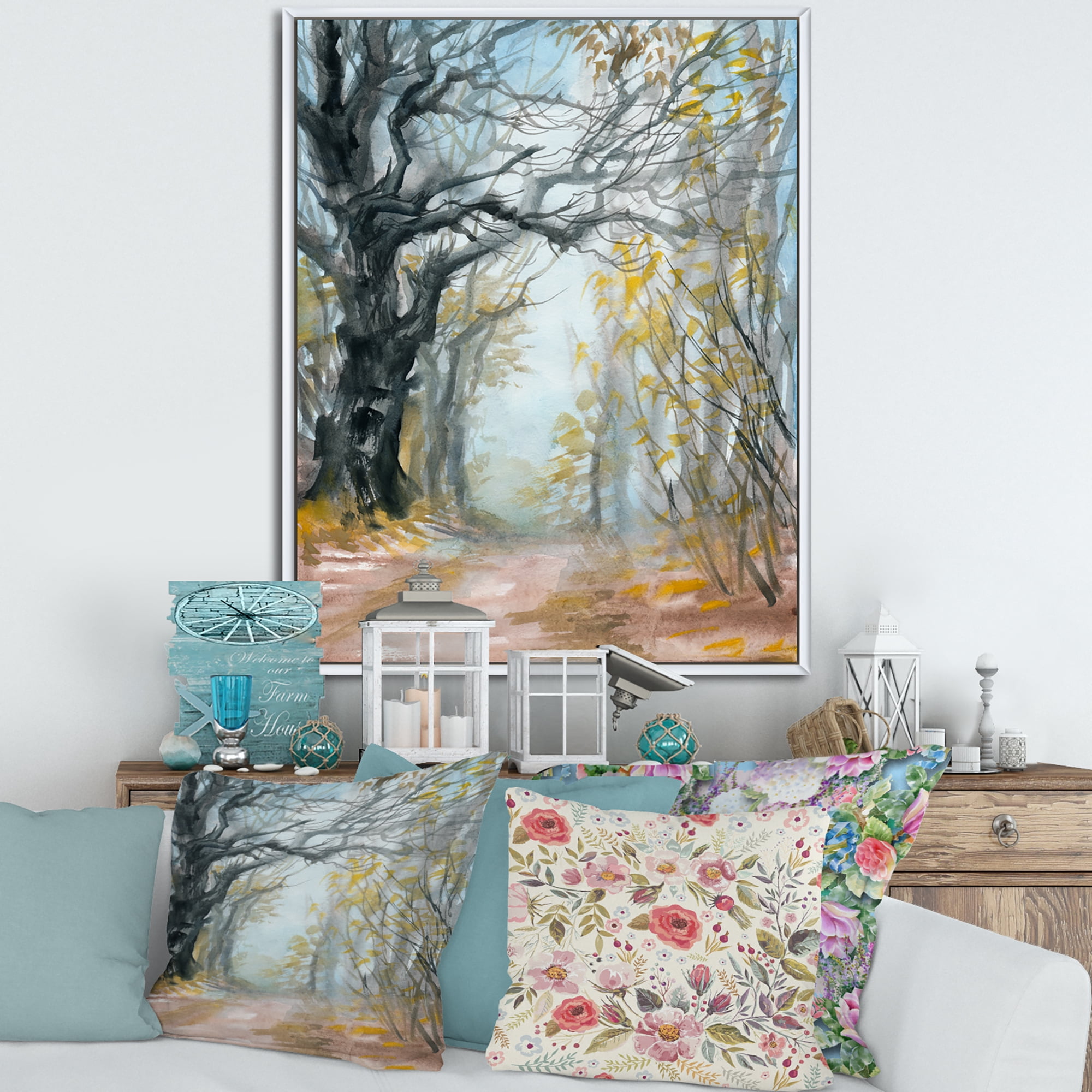 Designart 'Autumn in Misty Forest' Lake House Framed Canvas Wall Art Print