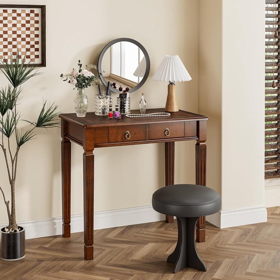 Small Computer Desk With 2 Storage Drawers, 31.5" Home Office Desks- , Elegant Wood Writing Desks with Carved Legs, Classic Vanity Dressing Table For Small Space Easy Assembly Caramel Brown SSZ-D1258