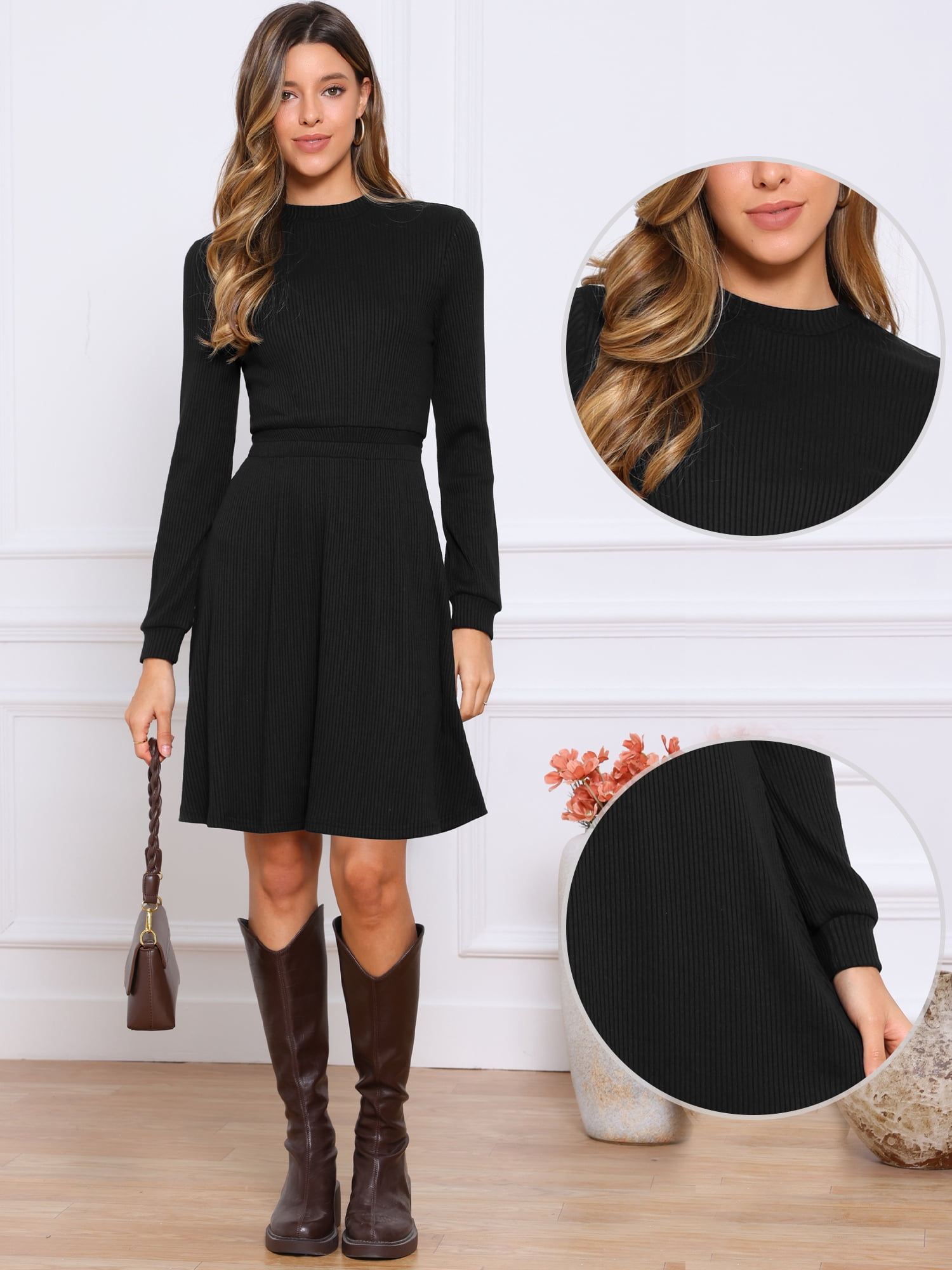 DARING DIVA Women's Long Sleeve Fall A-Line Ribbed Knit Crew Neck Dress M Black