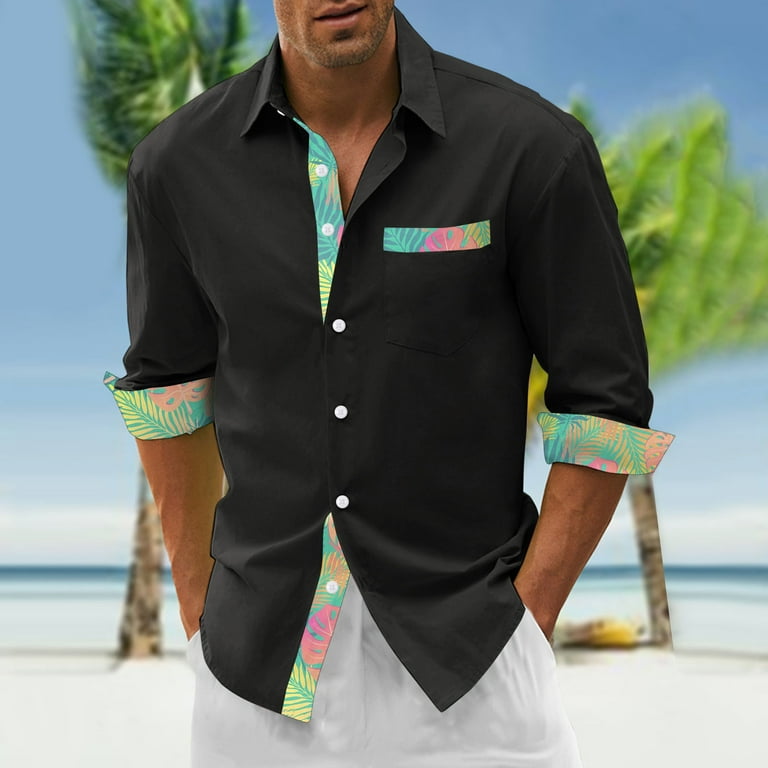 GHSOHS Mens Dress Shirts Black Men's Color Matching Hawaiian Shirt