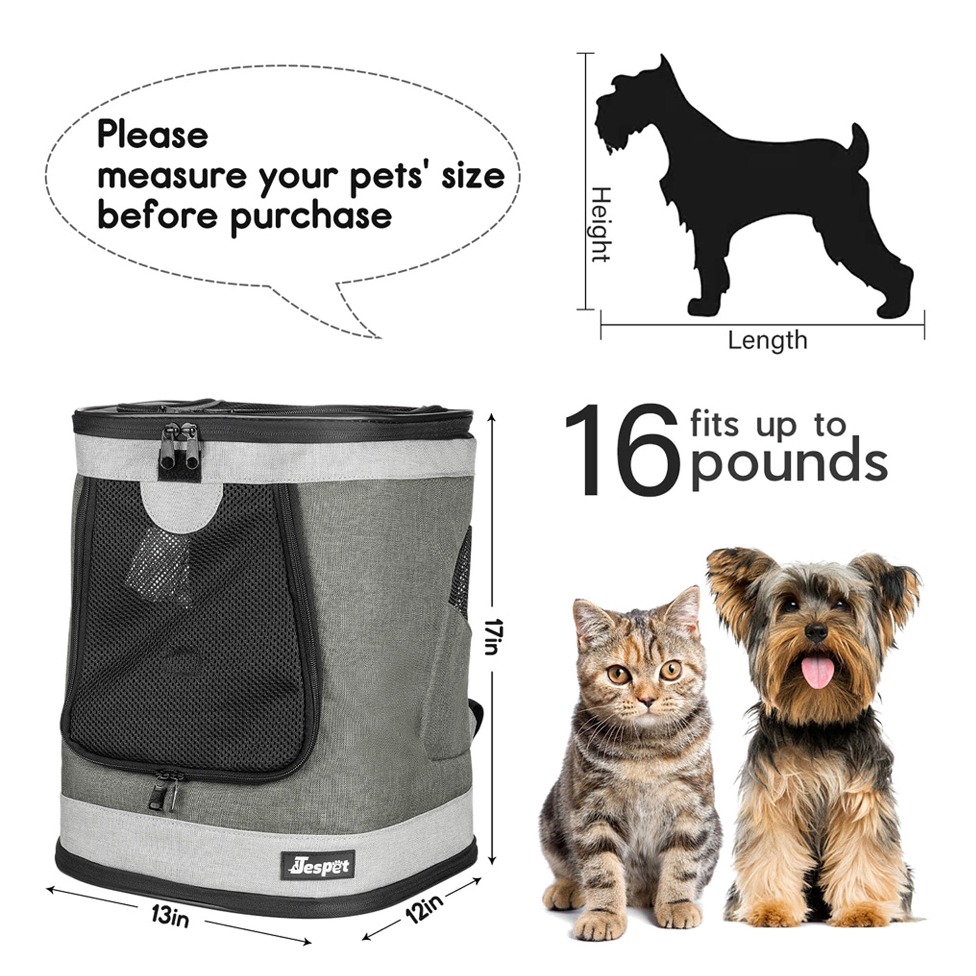 JESPET & GOOPAWS: Pet Soft Backpack Carrier - Smoke Grey - 13", Small Dogs & Cats, Portable-Traveling-Hiking-Walking, Outdoor, Mesh Window, Ventilated