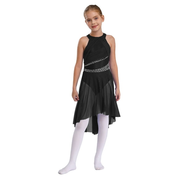 renvena Kids Sleeveless Lyrical Latin Dance Dress Costume Rhinestones Figure Skating Dress Ballet Black 14
