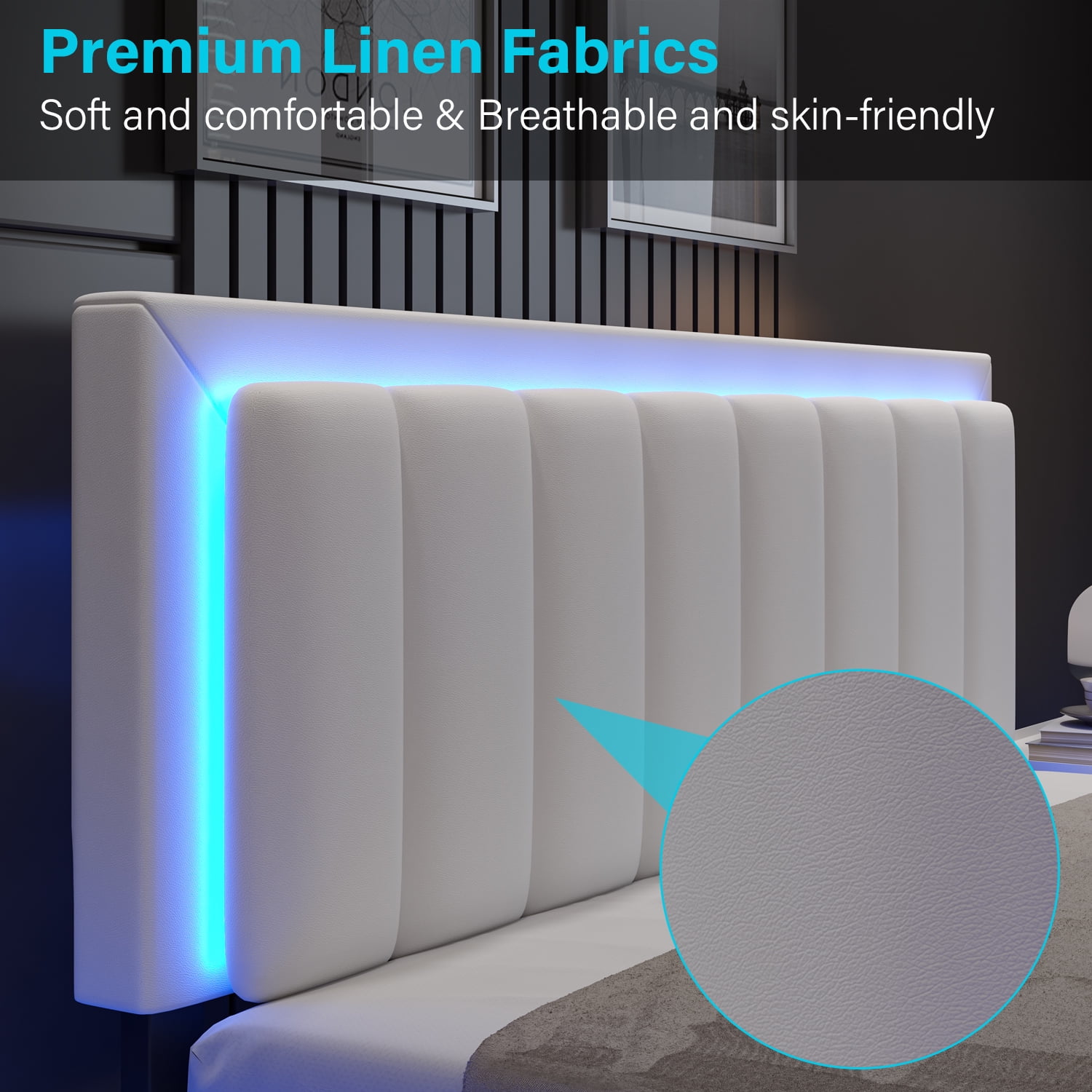 4 EVER WINNER Full Bed Frame with LED Light, Upholstered Platform Bed Frame with Headboard, White