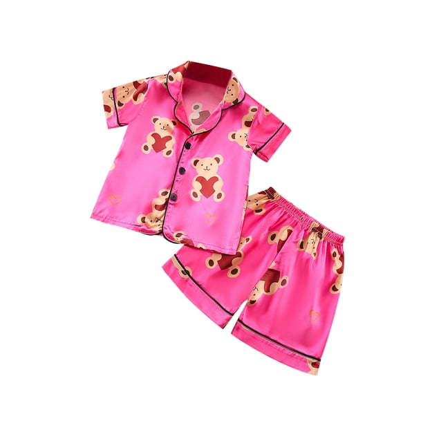 Odeerbi 2-6 Años Niño Niña Pijama de Verano de Satén Con Solapa Con Muesca Camisa de Manga Corta Conjunto de Pijama de Seda Con Estampado de Oso