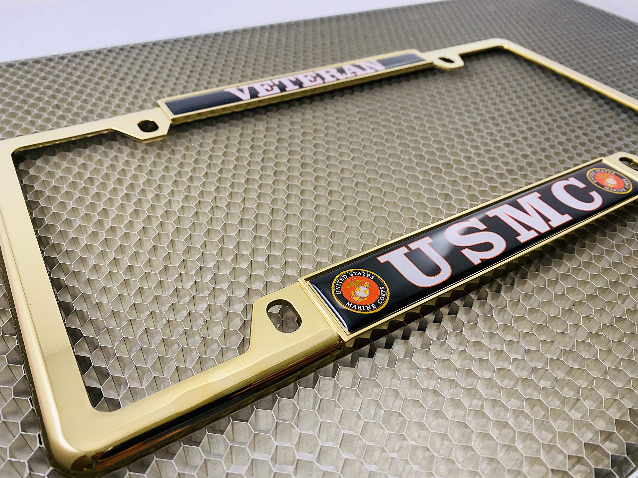 [Officially Licensed US Marine Corps Product] - USMC Veteran - Domed Custom-Made Personalized Narrow (Thin) Top 4 Hole Metal Car License Plate Frame with Free caps - Gold Frame (Qty: 1)