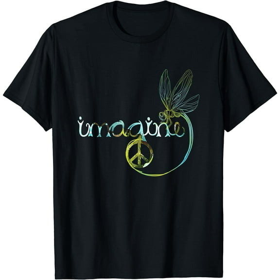 Imagine Dragonfly Hippie Peace Sign Tie Dye Free Spirited T-Shirt Black X-Large